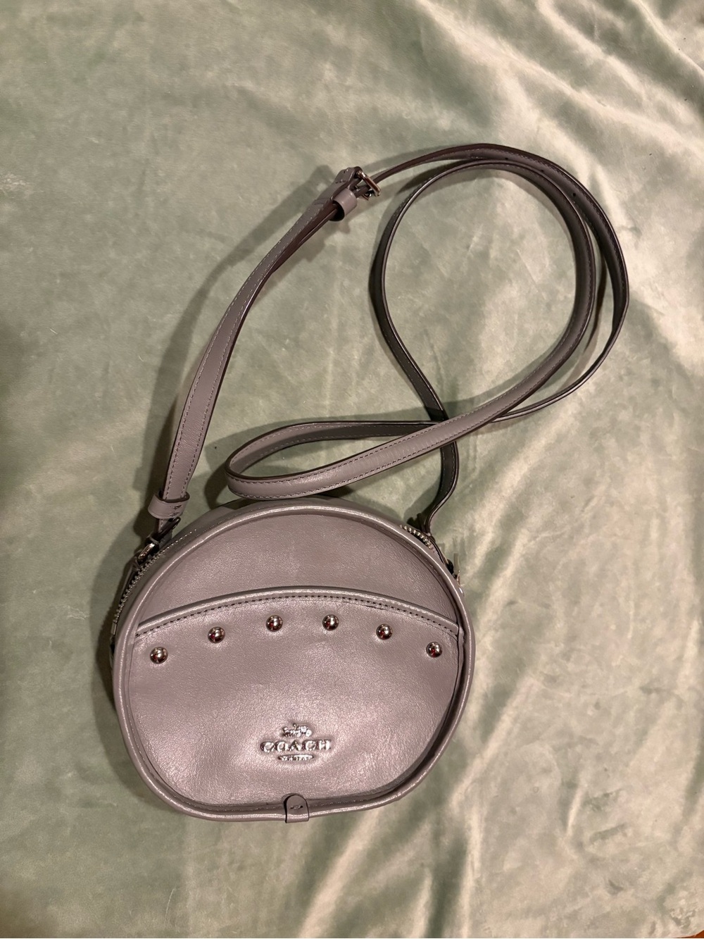 Coach Gray Round Leather Crossbody with Stud Accents